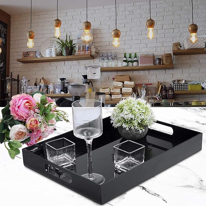 Durable Rectangular Breakfast Serving Tray - 5MM Thick Waterproof Acrylic Serving Platter with Handles for Coffee, Tea, Food - Elegant Decorative Tray (Black Tray-16''x12'')