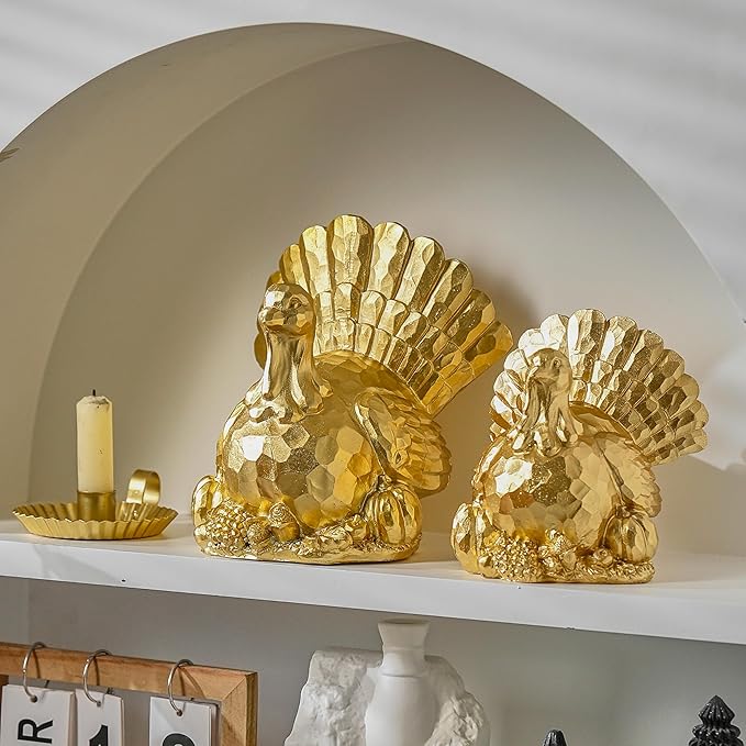 Thanksgiving Turkeys Decor, Gold Resin Turkey Figurine, Turkeys Statue for Decorating, Large Turkey Centerpiece for Table Kitchen Decoration, Harvest Home Decor