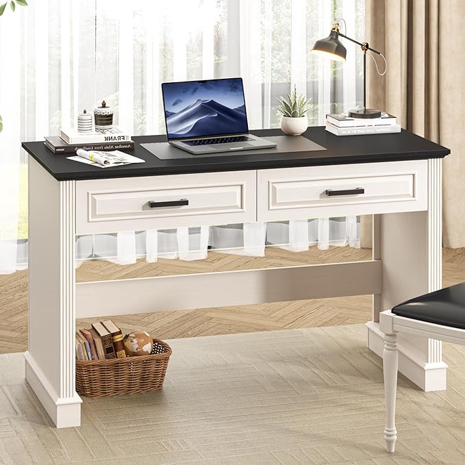 Farmhouse Executive Desk 48 Inch Computer Desk with 2 Drawers Simple Home Office Writing Desk Workstation for Bedroom Study Small Spaces, White and Black