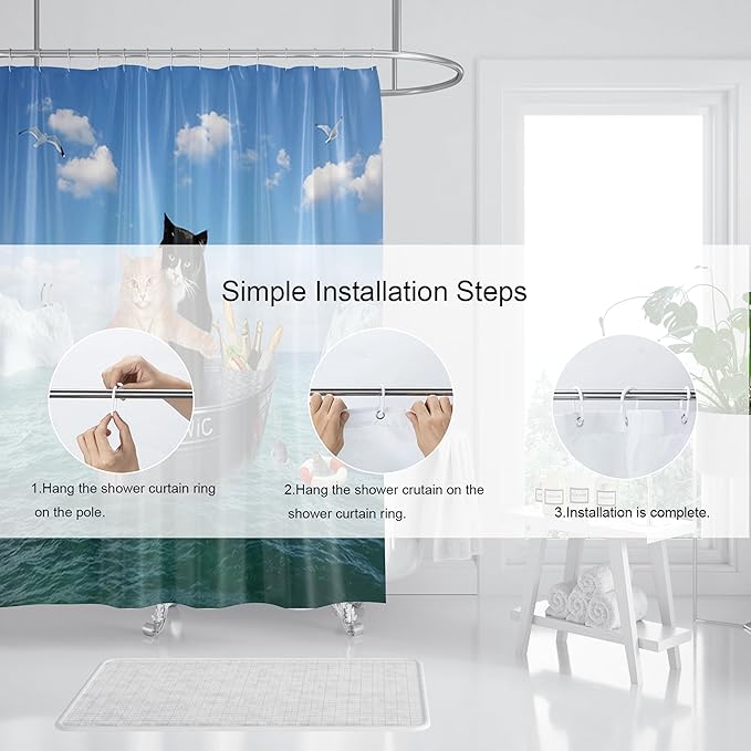 Domoku Cat Shower Curtain Funny Pet Kitten Couple Cosplay in Ocean Fun Cute Cat Bathroom Shower Curtains Polyster Fabric Waterproof with 12Hooks,72 * 84inch/180cm*210cm