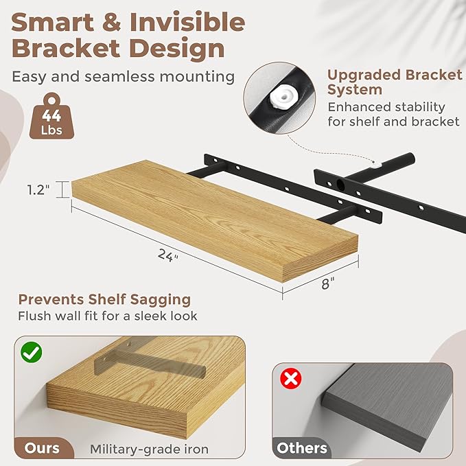 Floating Shelves for Wall with Invisible Brackets, Wall Mounted Engineered Wood Shelves with Wood Grain for Living Room, Bedroom, Bathroom, Kitchen Decor and Storage, Oak, 24"L Set of 2, Oak