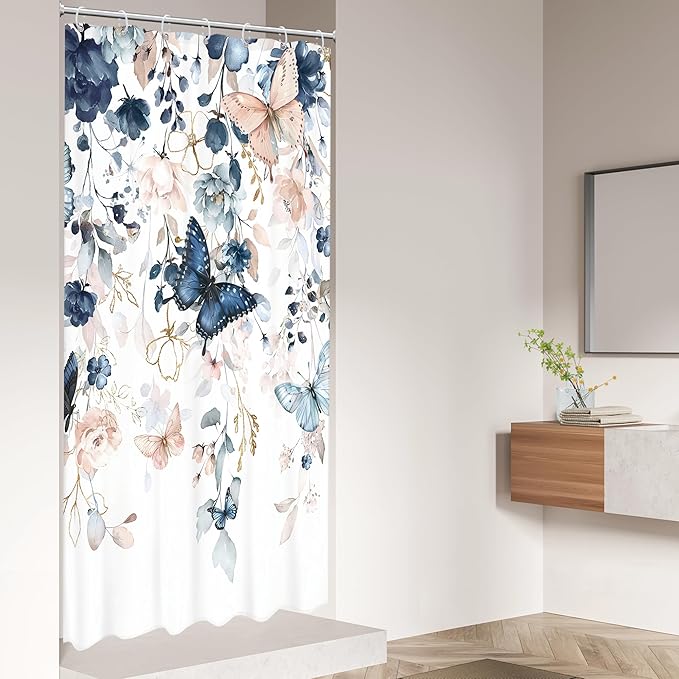Small Stall Blue Pink Shower Curtain 36Wx72L Inch RV Narrow Floral Butterfly Spring Summer Plant Botanic Natural Gold Green Leaves Bathroom Set Girl Bath Curtain Bathtub Accessories Home Decor