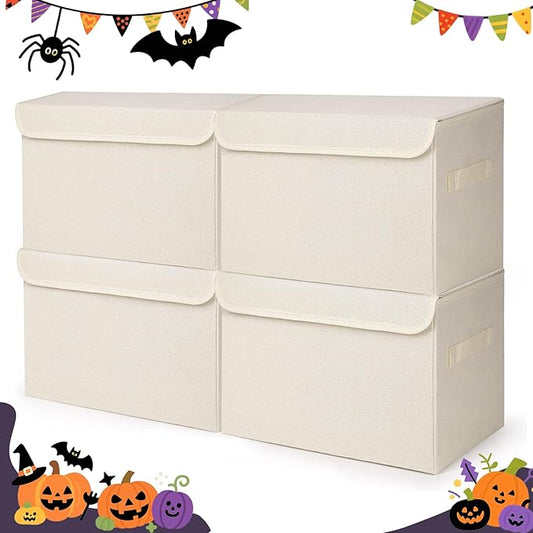 Large 22 Quart [4-Pack] Linen Fabric Foldable Storage Bin Cube Organizer Basket with Flip-Top Lid & Handles, Clothes Blanket Box for Home, Office, Closet (14.6 x 9.5 x 9.5, Beige)