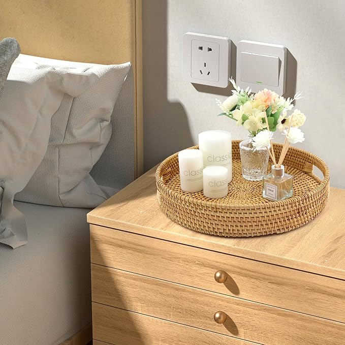 Handwoven Rattan Round Serving Tray, Natural Wicker Decorative Tray for Serving, Coffee Table, Home Décor and Entertaining, Gift Idea Choice,Set of 2