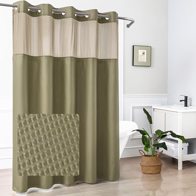 Mrs Awesome No Hook Shower Curtain with Snap-in Liner, Embossed Waffle Design Fabric Shower Curtain for Bathroom, Soft & Lightweight, 71x74, Taupe