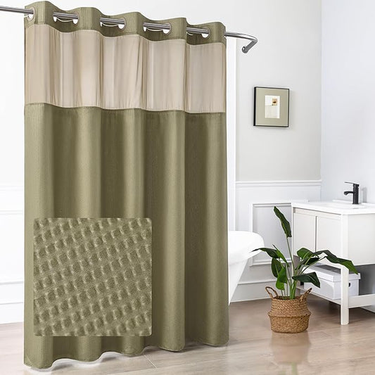 Mrs Awesome No Hook Shower Curtain with Snap-in Liner, Embossed Waffle Design Fabric Shower Curtain for Bathroom, Soft & Lightweight, 71x74, Taupe