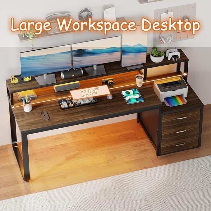 HOMBCK 67" Computer Desk with 3 Drawers, Home Office Desk with Long Monitor Stand and Printer Space, Office Desk with Storage & LED Lights, Writing Desk with Drawers, Black and Walnut
