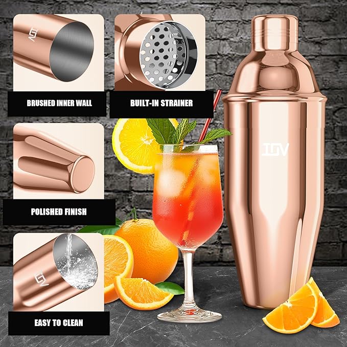 IOV Cocktail Shaker, 24 oz Martini Shaker, Drink Mixer with Built-in Strainer, Professional Stainless Steel Margarita Alcohol Shaker with Cocktail Recipe Guide, Bartender Kit Gifts, Rose Gold