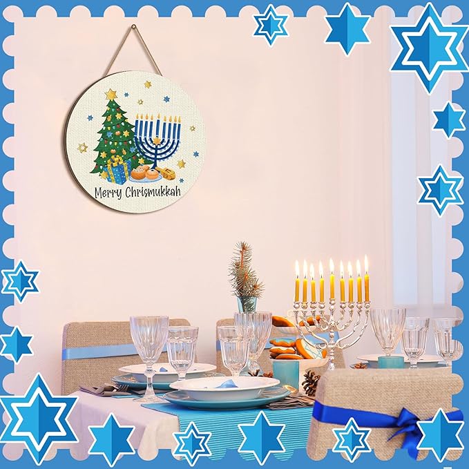 Blosssound 3 Pcs Door Decorations Front Hanging Door Sign Hanging Ornament Wooden Wall Sign Hanger for Celebrations Farmhouse Home Living Room Party Supplies(Happy Hanukkah)