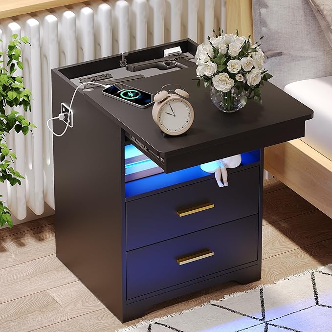 Night Stand with Gun Drawer, Charging Bedside Table with USB & Type-C Port, LED Nightstand with Human Sensor Light, Modern End Table with Drawers for Bedroom Office, Black