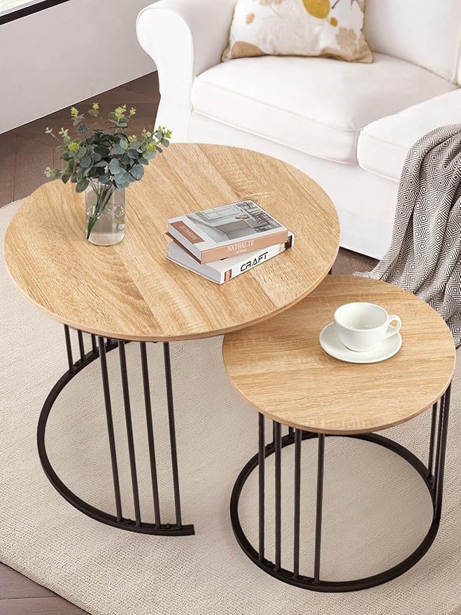 YORKING Nesting Coffee Table Set of 2, Round Table Set, Morden End Side Night Stand for Bedroom Dining Room （Wood）
