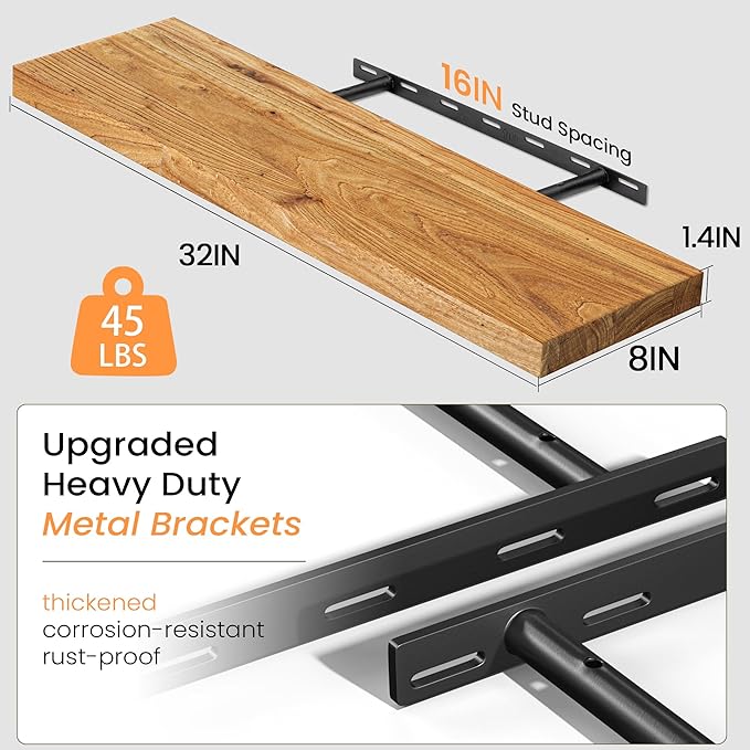 Fun Memories Floating Shelves for Wall, Rustic Solid Elm Wood Floating Shelf Wall Mounted, Wall Shelves with Invisible Bracket for Living Room Kitchen, 32 Inch Set of 2, Natural