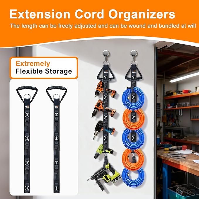 Extension Cord Organizer with 5 Detachable straps, 2 PCS Extension Cord Holder, Garage Garden Storage Straps for Cable, Hose, Rope, Tool
