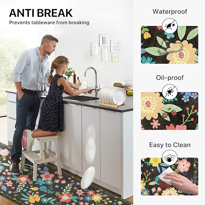 GENIMO Kitchen Mats for Floor 2PCS, Cushioned Kitchen Rugs Non Slip Washable, Farmhouse Anti Fatigue Mat Waterproof, Comfort Standing Mat Rug for Office, Home, Laundry, 17.3"x59"+17.3"x30", Black