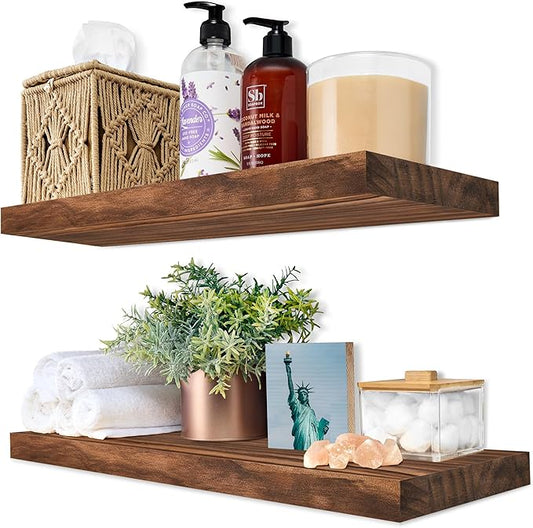 Sorbus Wood Floating Shelves for Wall - 16” Solid Wood Wall Shelves for Bathroom Decor, Books, Bedroom & Living Room - Set of 2 Walnut Wall Mounted Kitchen Shelves - Durable Solid Pine