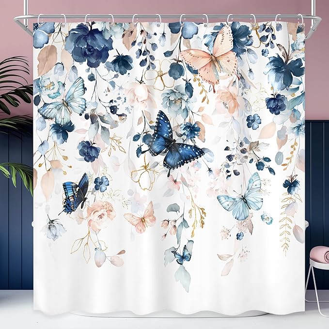 Blue Floral Butterfly Shower Curtain 72Wx72L Inch Navy Flower Plant Gold Leaves Botanical Pastel Watercolor Bathroom Set Pretty Rustic Country Bath Curtain Bathtub Accessories Home Decor