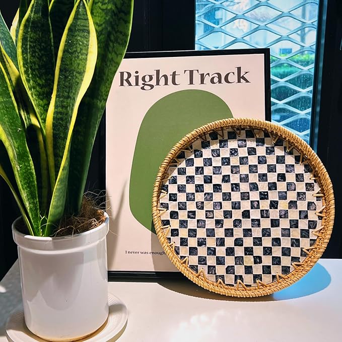 Set of 2 Rattan Checkered Tray with Mother of Pearl, Round Coffee Table Tray Decor, Round Wicker Boho Decorative Woven Serving Tray (Checkerboard)