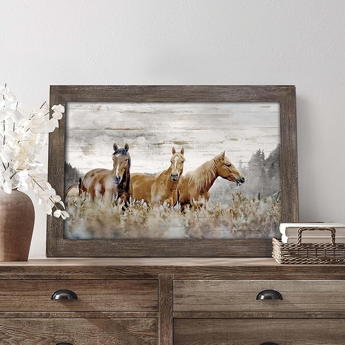 Horse Wall Art Framed Picture: Rustic Animal Wood Print Decor Brown Horses Western Artwork Wildlife Portrait Painting for Living Room Farmhouse Bedroom