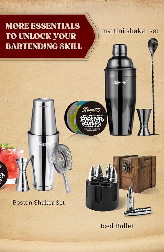 KITESSENSU Cocktail Shaker Set, Stainless Steel Martini Shaker Set with 24 Ounce Cocktail Mixer with Drink Shaker, Measuring Jigger, Bar Spoon & Drink Recipe Guide, Black