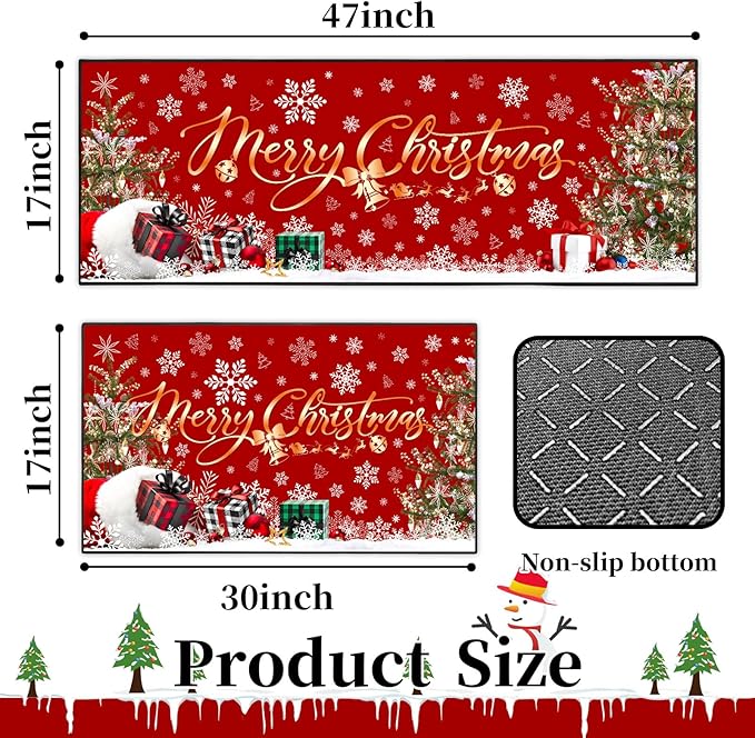 ACZHHZC Merry Christmas Kitchen Rugs and Mats Set of 2, Winter Snowflake Xmas Tree Holiday Home Kitchen Decor Floor Mats, Washable Non-Slip Sink Carpet (Christma 3, 17"x47"+17"x30")