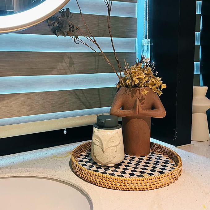 Rattan Checkered Tray with Mother of Pearl, Round Coffee Table Tray Décor 12 inch, Round Wicker Boho Decorative Woven Serving Tray (Checkerboard)