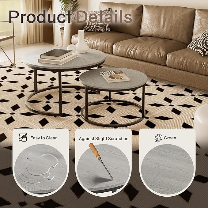 Nesting Tables Set of 2, 31.5" Round Coffee Table, Small Nesting Coffee Table with Adjustable Non-Slip Fee, Wood Grain Top Nesting Tables for Living Room, Bedroom (Wood Grain Grey)