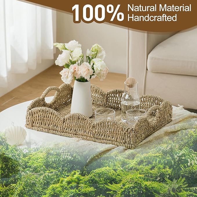 Wicker Tray, Handwoven Woven Tray with Handles and Scalloped Edge, Rectangle Wicker Basket for Home Decor and Organizing, 16.9" L x 12.9" W x 1.96" H