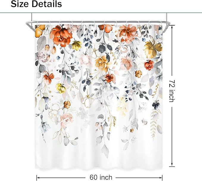 Yellow Orange Floral Shower Curtain 60Wx72L Inch Flower Pastel Watercolor Rustic Eucalyptus Leaf Bathroom Set Country Plant Botanical Shabby Bath Curtain Bathtub Accessories Home Decor