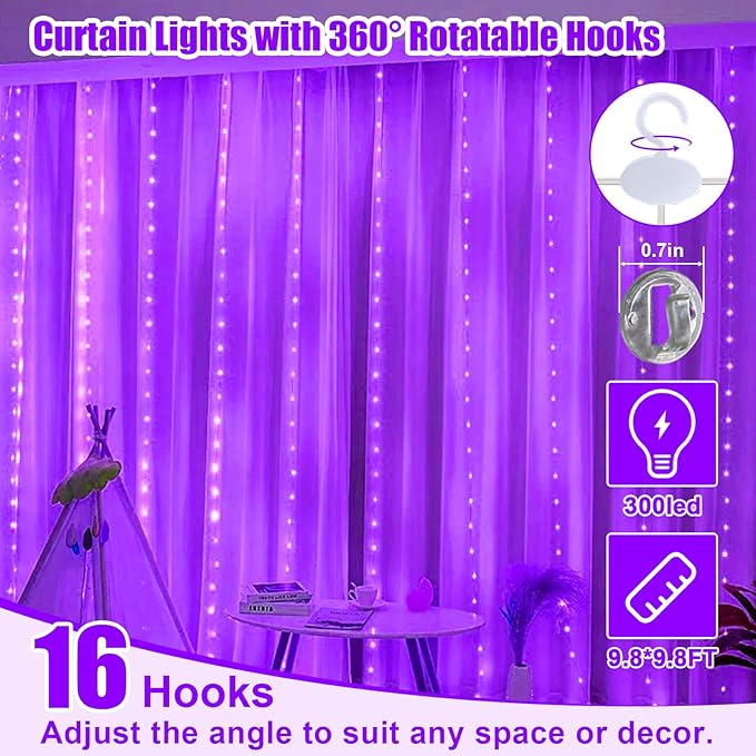 Purple Curtain Light with Untangled Wires for Bedroom, 300LED 9.8ft x 9.8ft Window Fairy Curtain String Light with 16 Hooks, 8 Modes Remote Control for Wedding Party Home Indoor Decorations