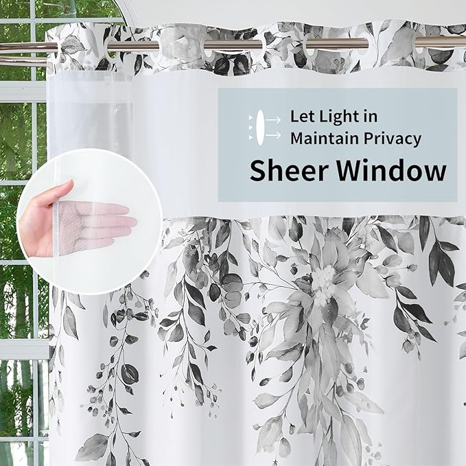 QiyI No Hook Shower Curtain with Snap in Fabric Liner, Grey Eucalyptus Shower Curtain with See Through Top Window, Waterproof Washable Cloth Ringless Shower Curtain Set for Bathroom, 72 x 75