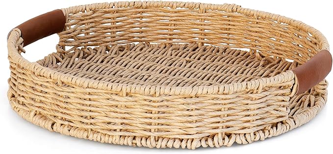 Rattan Organizer with Leather Handles – Decorative Wicker for Home Decor – Versatile Storage & Serving Solution for Kitchen and Living Room (Round-14IN)