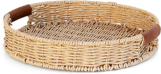 Rattan Organizer with Leather Handles – Decorative Wicker for Home Decor – Versatile Storage & Serving Solution for Kitchen and Living Room (Round-14IN)