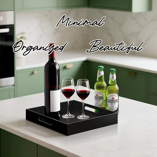 Glossy Black Acrylic Serving Tray with Handles-Butler Trays for Coffee Table, Snacks,Breakfast in Bed, Kitchen Countertop,Vanity,Makeup Organizer,Ottoman (Black, 12x12 Inches)