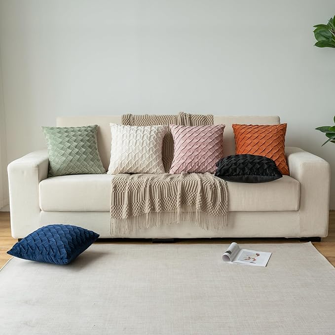 Velvet Decorative Throw Pillow Covers Set of 2, 18x18 Inch Soft Modern Weave Cushion Case, Farmhouse Home Decor Pillowcase for Sofa Living Room Couch Bed Navy