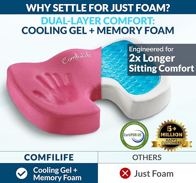ComfiLife Premium Gel & Memory Foam Seat Cushion – Doctor Recommended Office Chair Cushion, Car Seat Cushion – Chair Cushions for Back & Sciatica Pain Relief – Seat Cushions for Office & Desk (Pink)