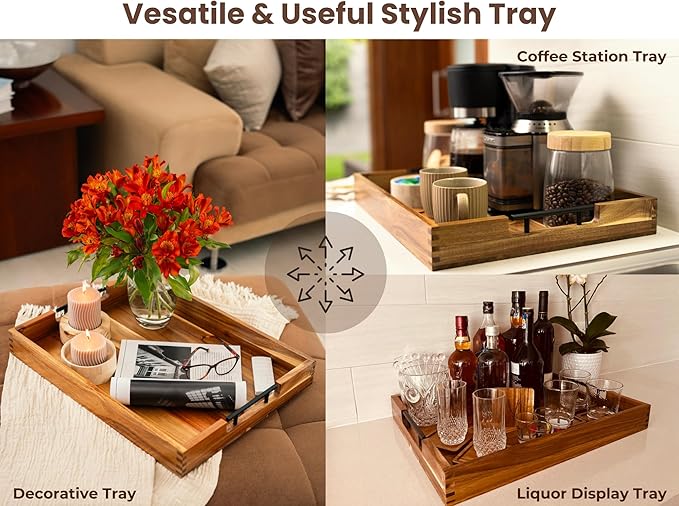 Acacia Wooden Ottoman Tray for Living Room & 6 Coasters Set – 21" Large Coffee Table Serving Tray with Handles, Perfect for Food, Drinks, Kitchen, and Home Decor