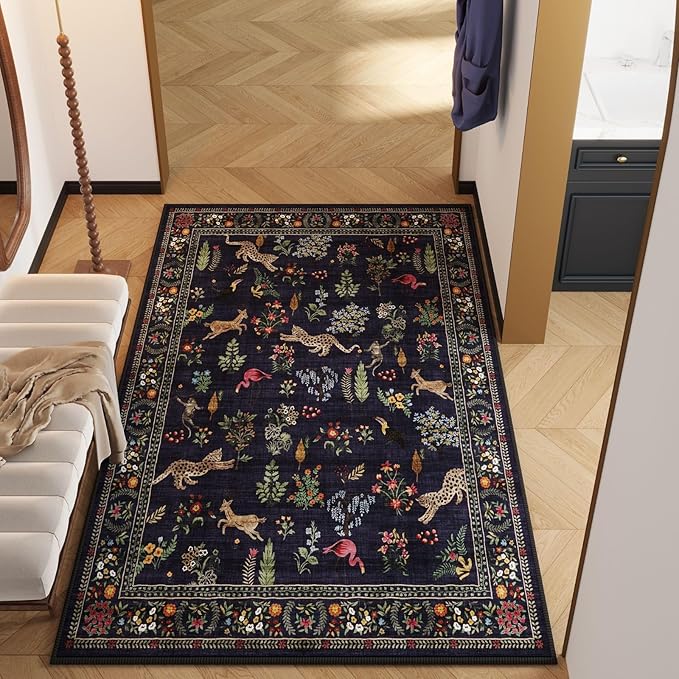 Rugcomf Area Rug 4x6 Rug Washable Boho Rugs Non Slip Low Pile Floral Animal Small Carpet for Bedroom, Bedside, Kids Room, Office, Dining Room (Blue)