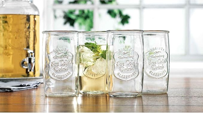 Glaver's Set of 8 Highball Glass Cups 20 OZ Stemless Tall Drinking Glasses For Everyday Use, Vintage Ice Cold Logo Tumbler Glassware for Bar, Juice, Cocktails, Beer, Water glasses.