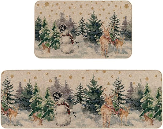 Christmas Snowman Reindeer with Scarf Decorative Kitchen Rugs Set of 2, Seasonal Winter Welcome Xmas Home Decor Low-Profile Kitchen Mats for Floor - 17x29 and 17x47 Inch