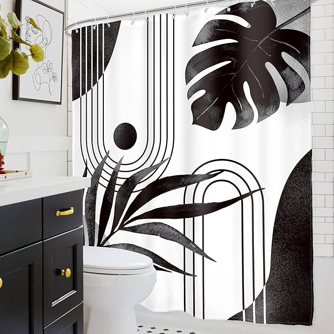 Glawry Boho Black White Shower Curtain Mid Century Abstract Tropical Palm Leaf Modern Minimalist Plant Botanical Bathroom Geometric 60Wx72L Inches Bath Accessories Art Home Decor Fabric 12 Pack Hooks