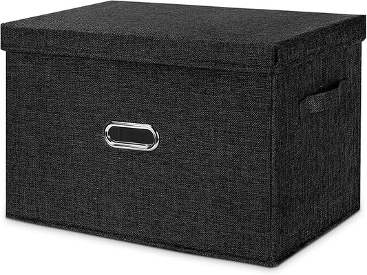Large Linen Fabric Foldable Storage Bins with Removable Lid and Handles, Washable Storage Box Organizer Containers Baskets Cube with Cover for Bedroom,Office(Black, XXL)