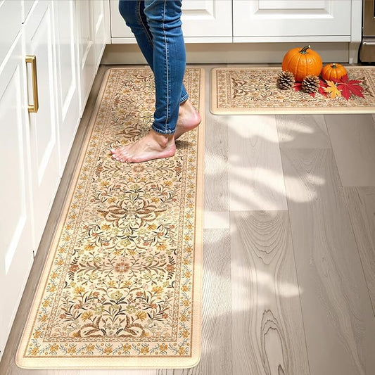 Collive Anti Fatigue Mats for Kitchen Floor, Cushioned Fall Kitchen Mat Comfort Waterproof Padded Sink Rugs Non Slip, Boho Orange Floral Standing Rug for Office, Autumn Home Decor, 17"x29"+17"x59"