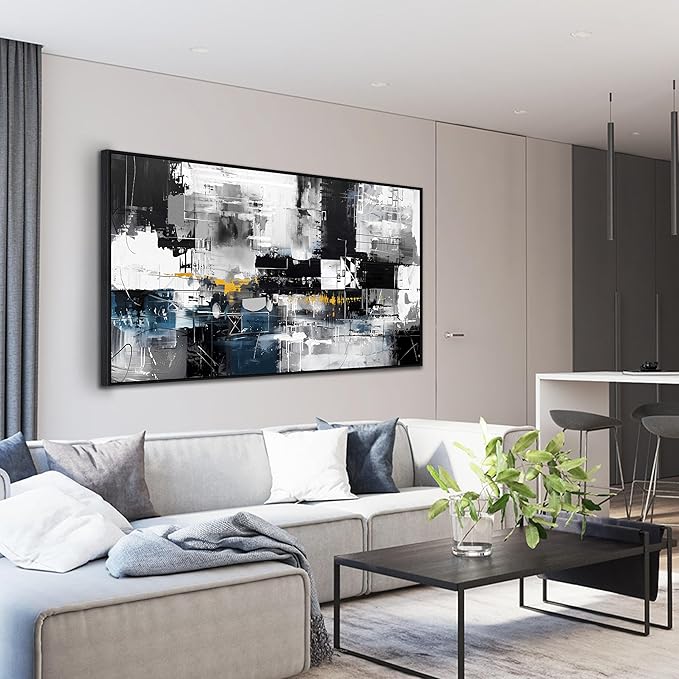 Abstract Art Wall Decor Black Framed Room Decor Blue Wall Painting for Bedroom Office Decorations 24"x 48"