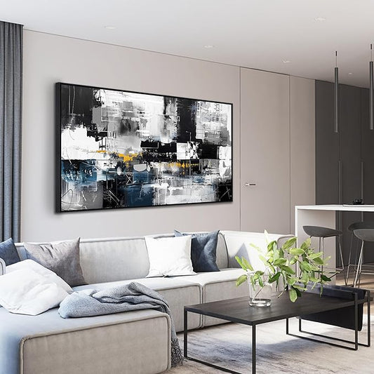 Abstract Art Wall Decor Black Framed Room Decor Blue Wall Painting for Bedroom Office Decorations 24"x 48"