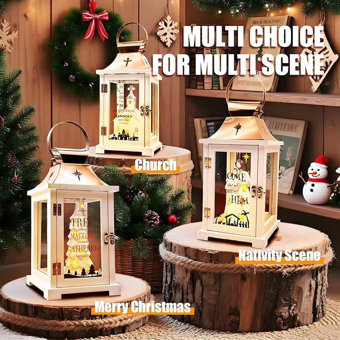 Christmas Candle Lanterns Decorative Indoor- Hanging Candle Lantern with Ceramic Christmas Tree that Light up for Modern Farmhouse Decor, Christmas Lantern for Xmas Table Centerpieces, Home Décor