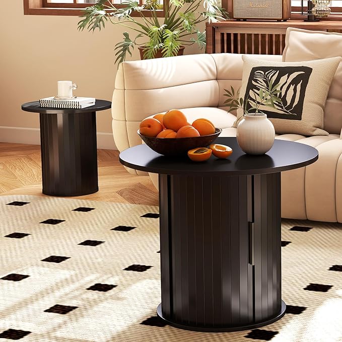 COSVALVE Round Wood Fluted End Table, 15.7” Circle Farmhouse Side Table Sets for Living Room, Bedroom, Balcony, Small Spaces, Black