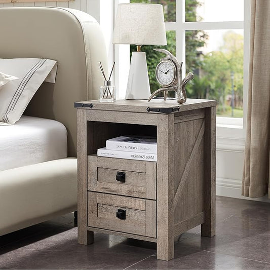 RedLemon Farmhouse Nightstand with Charging Station, Rustic 18 Inch End Table with 2 Storage Drawers and Open Shelf, Wood Sofa Side Table for Bedroom, Living Room (Light Rustic Oak)