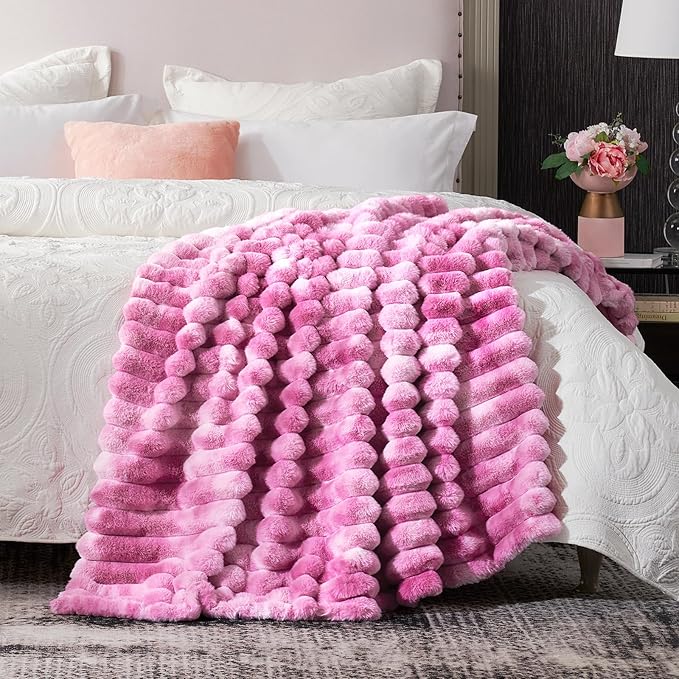 Cozy Bliss Faux Fur Throw Blanket for Couch, Cozy Warm Plush Striped Blanket for Sofa Bedroom Living Room, 60 * 80 Inches Tie-dye Pink