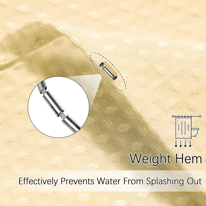 Beige Stall Fabric Shower Curtain - Water Repellent Waffle Textured 256GSM Heavy Duty Cream Shower Curtains for Bath Tubs, Narrow Hotel Quality Ivory Bath Curtain Set with 6 Hooks, 36Wx72H