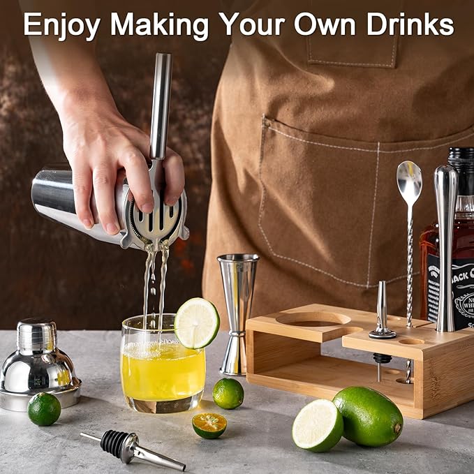 BRIOUT Cocktail Shaker Set, 8-Piece Bartender Kit Include Stand Martini Shaker Jigger Strainer Muddler Mixer Spoon Pour, Home Bar Accessories Tools for Drinks Mixing, Stainless Steel Silver